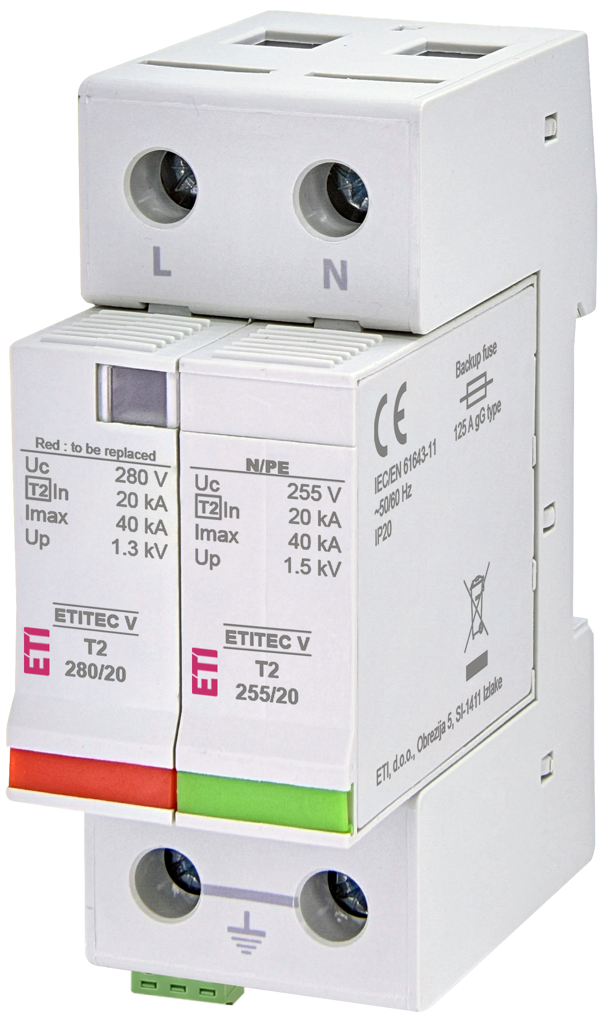 Surge arrester ETITEC V T2 280/20 1+1 RC 002443018
